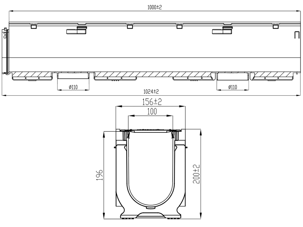 Лоток водоотводный пластиковый BASE DN100 H200 с решеткой щелевой стальной оцинкованной A15